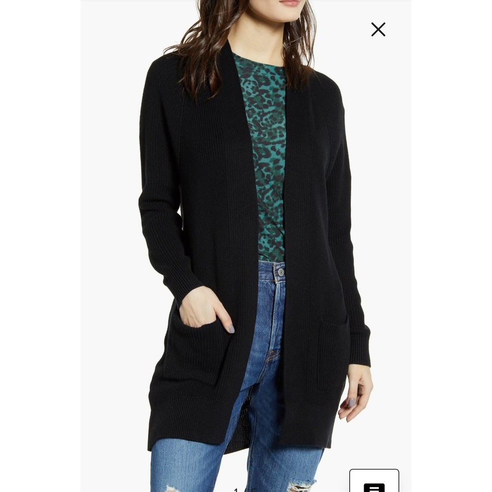 BP Nordstrom Womens Black Ribbed Open Front‎ Longline Cardigan Sweater XXS